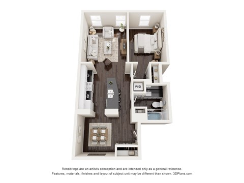 Floor plan for 1 bed, 1 bath, 765 sqft